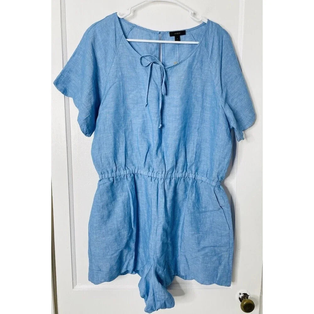 J Crew Romper Large Linen Blend Scalloped Hem Keyhole Tie Neck Woven